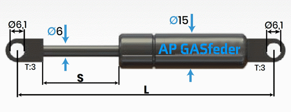 Bild von INOX AISI 304 AP GASfeder Edelstahl 200N, 6/15, Hub(S): 20 mm, Länge (L): 106 mm,  Alternatvie SRST.192945