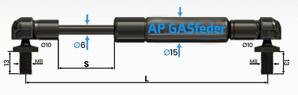 Bild von AP GASfeder 300N, 6/15, Hub(S): 100 mm, Länge (L): 275 mm,  Alternatvie SRST.5007DV