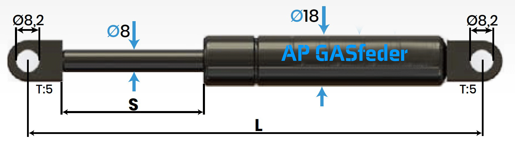 Bild von AP GASfeder 600N, 8/18, Hub(S): 160 mm, Länge (L): 406 mm,  Alternatvie SRST.084484