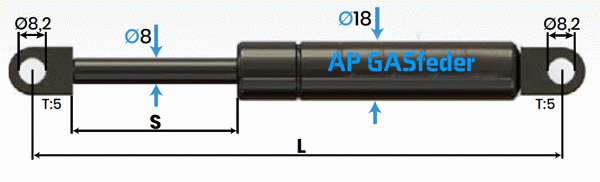 Bild von AP GASfeder 600N, 8/18, Hub(S): 100 mm, Länge (L): 286 mm,  Alternatvie SRST.084182
