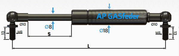 Bild von AP GASfeder 700N, 8/18, Hub(S): 80 mm, Länge (L): 245 mm,  Alternatvie SRST.083321