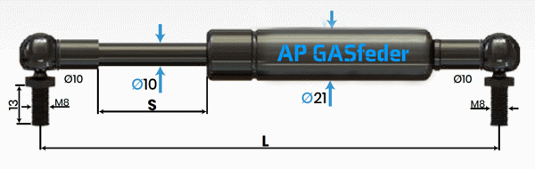 Bild von AP GASfeder 900N, 10/21, Hub(S): 300 mm, Länge (L): 685 mm,  Alternatvie SRST.085316