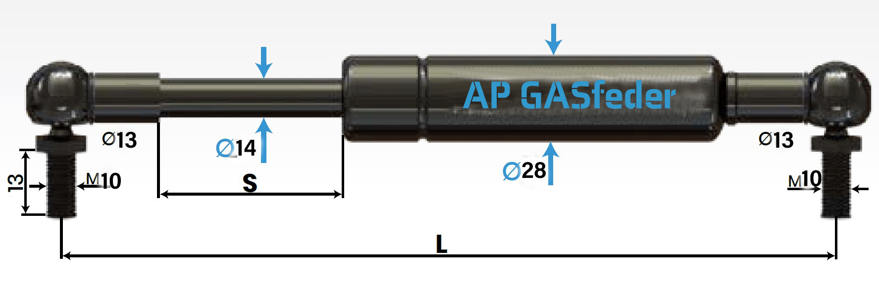 Bild von AP GASfeder 1500N, 14/28, Hub(S): 300 mm, Länge (L): 735 mm,  Alternatvie SRST.2375LO