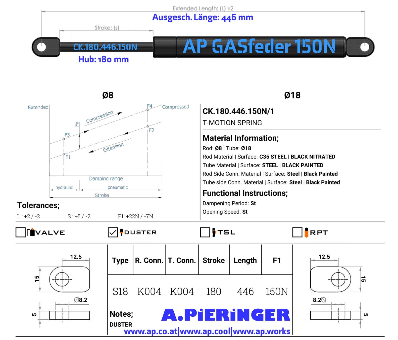 Picture of AP GASfeder 150N, 8/18, Hub(S): 180 mm, Länge (L): 446 mm,  Alternatvie SRST.094803