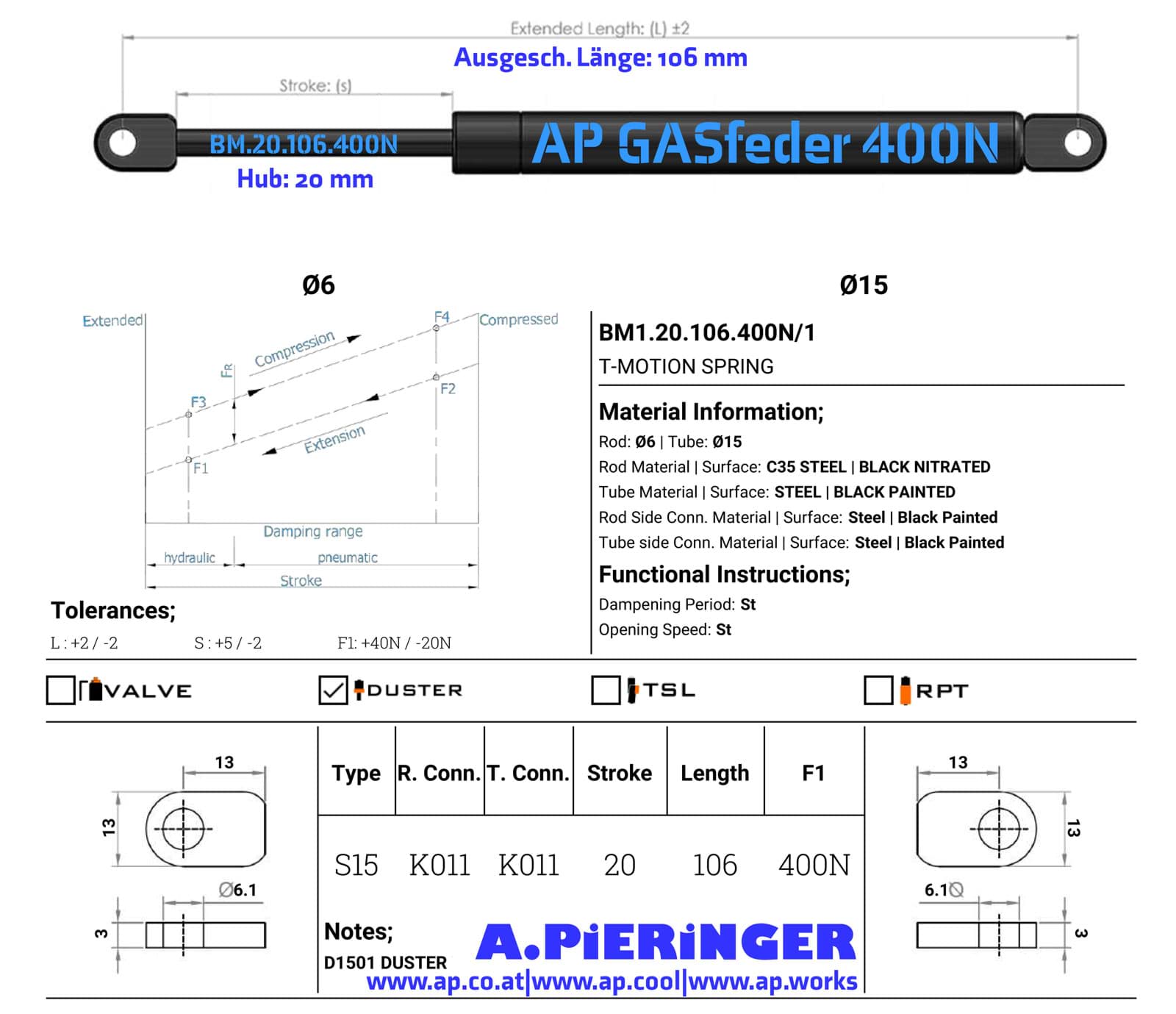 Picture of AP GASfeder 400N, 6/15, Hub(S): 20 mm, Länge (L): 106 mm,  Alternatvie SRST.192996