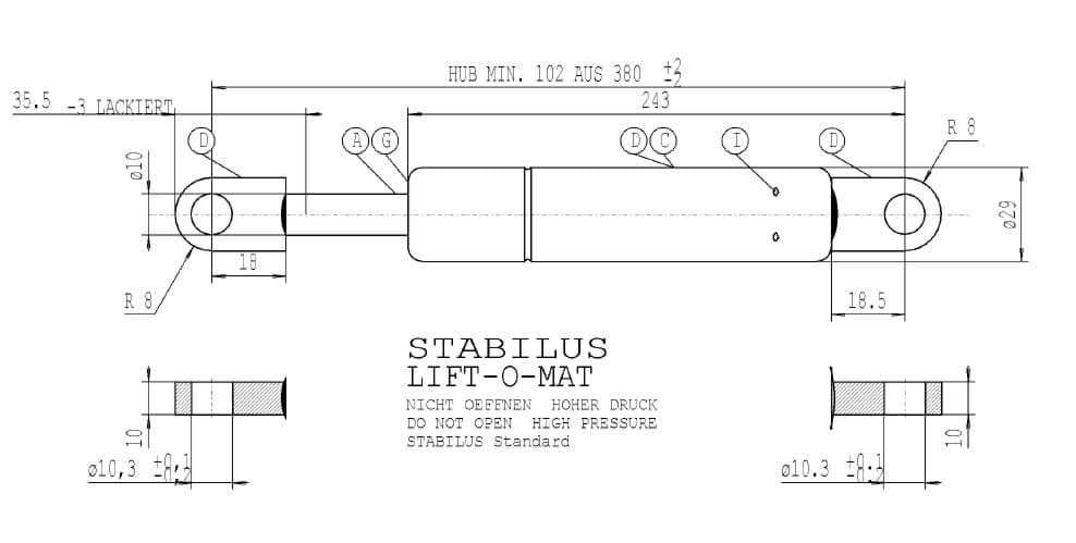 Picture of Stabilus 4666VT 1850N LIFT-O-MAT Gasfeder (Werksbestellung LZ siehe Text)