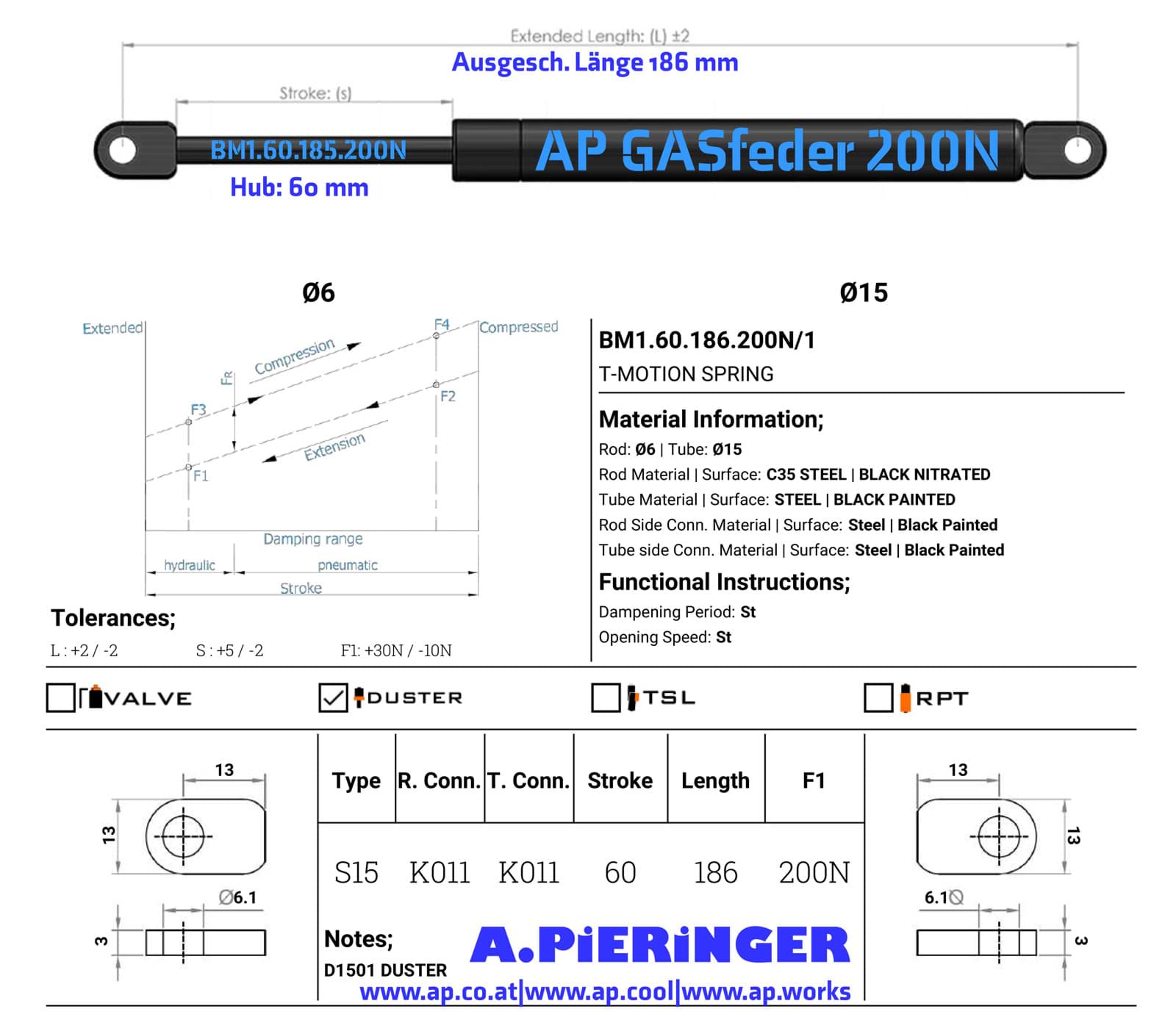 Picture of AP Gasfeder BM1.60.185.200N,  Länge 185.5 mm, Kraft 200 N, Befestigung: Auge 6.1