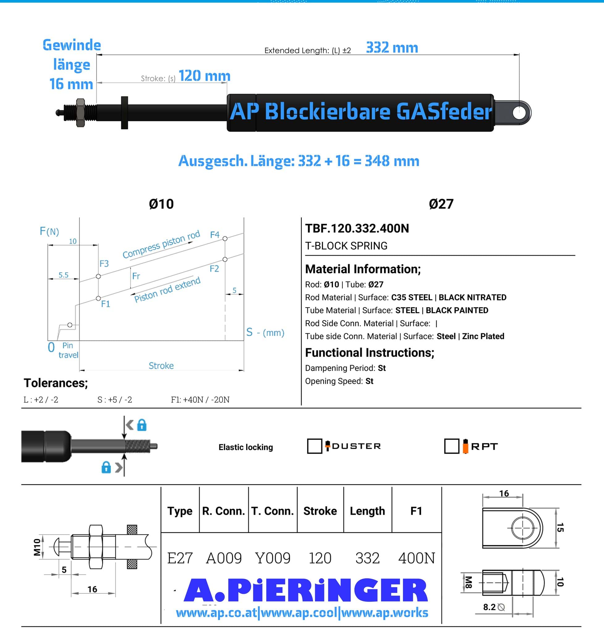 Immagine di TBF.2.120.332.400N AP Blockierbare GASfeder 400 N, Hub S: 120 mm, Länge L: 332 mm 
