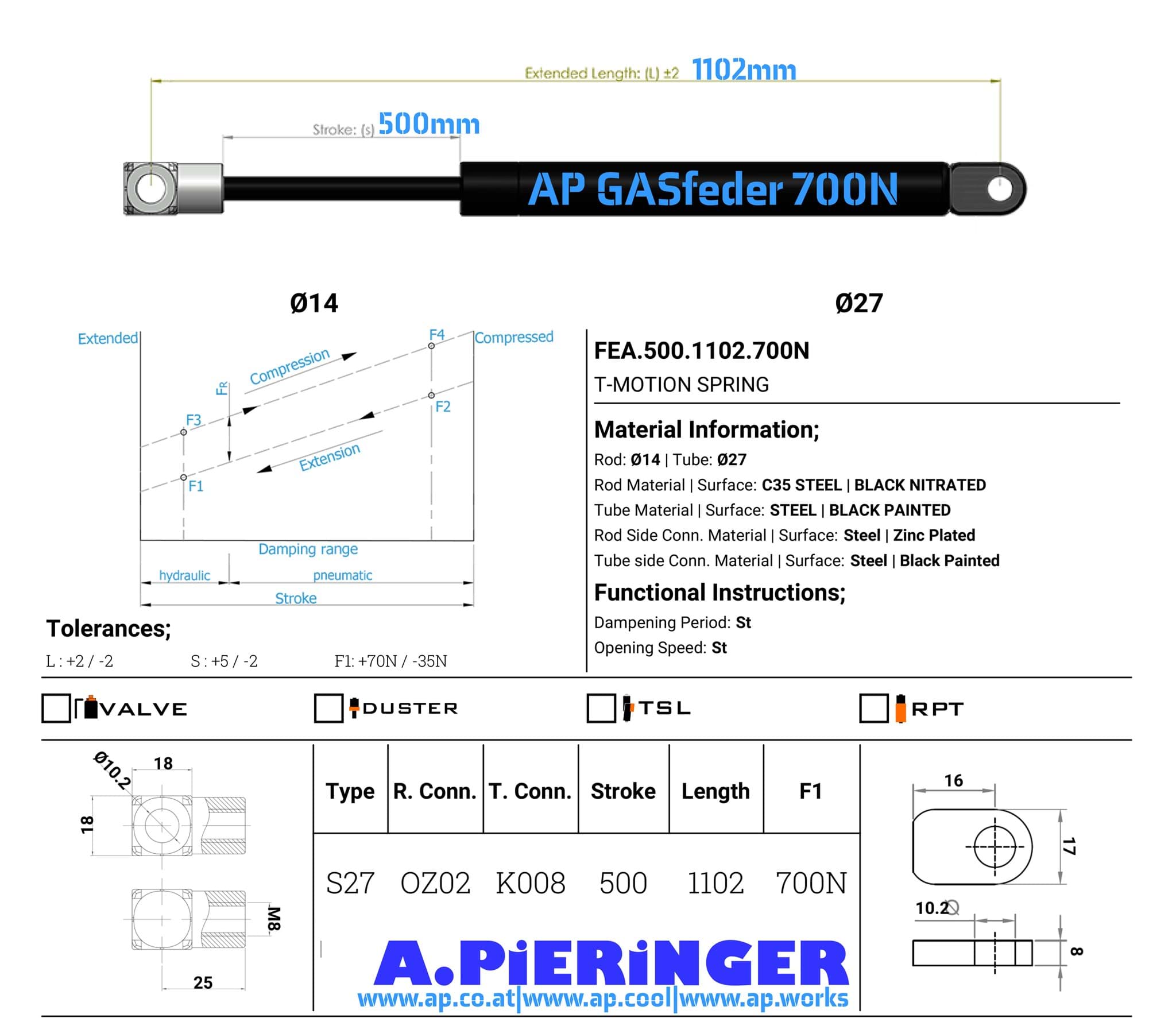 Imagen de AP GASfeder 700N, 14/28, Hub(S): 500 mm, Länge (L): 1102 mm,  Alternatvie SRST.2109LX