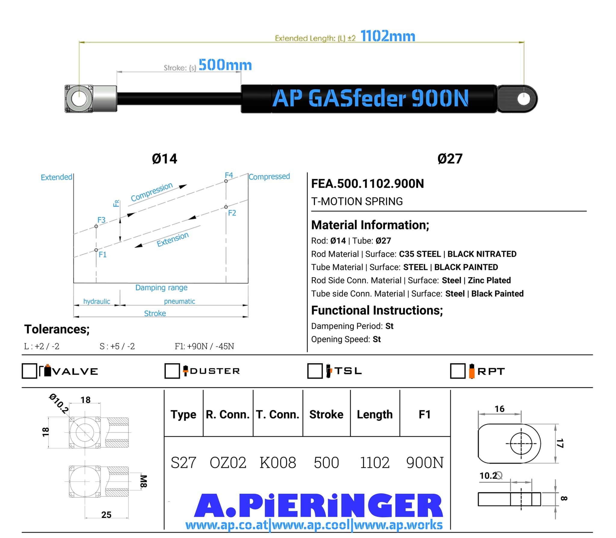 Immagine di AP GASfeder 900N, 14/28, Hub(S): 500 mm, Länge (L): 1102 mm,  Alternatvie SRST.2112LZ