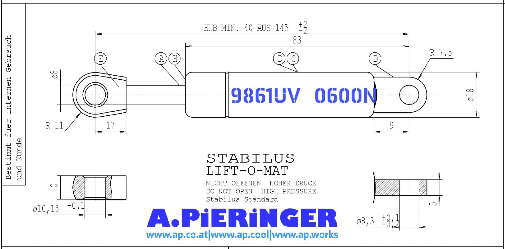 Picture of Stabilus 9861UV 0600N LIFT-O-MAT Gasfeder (Werksbestellung LZ siehe Text)