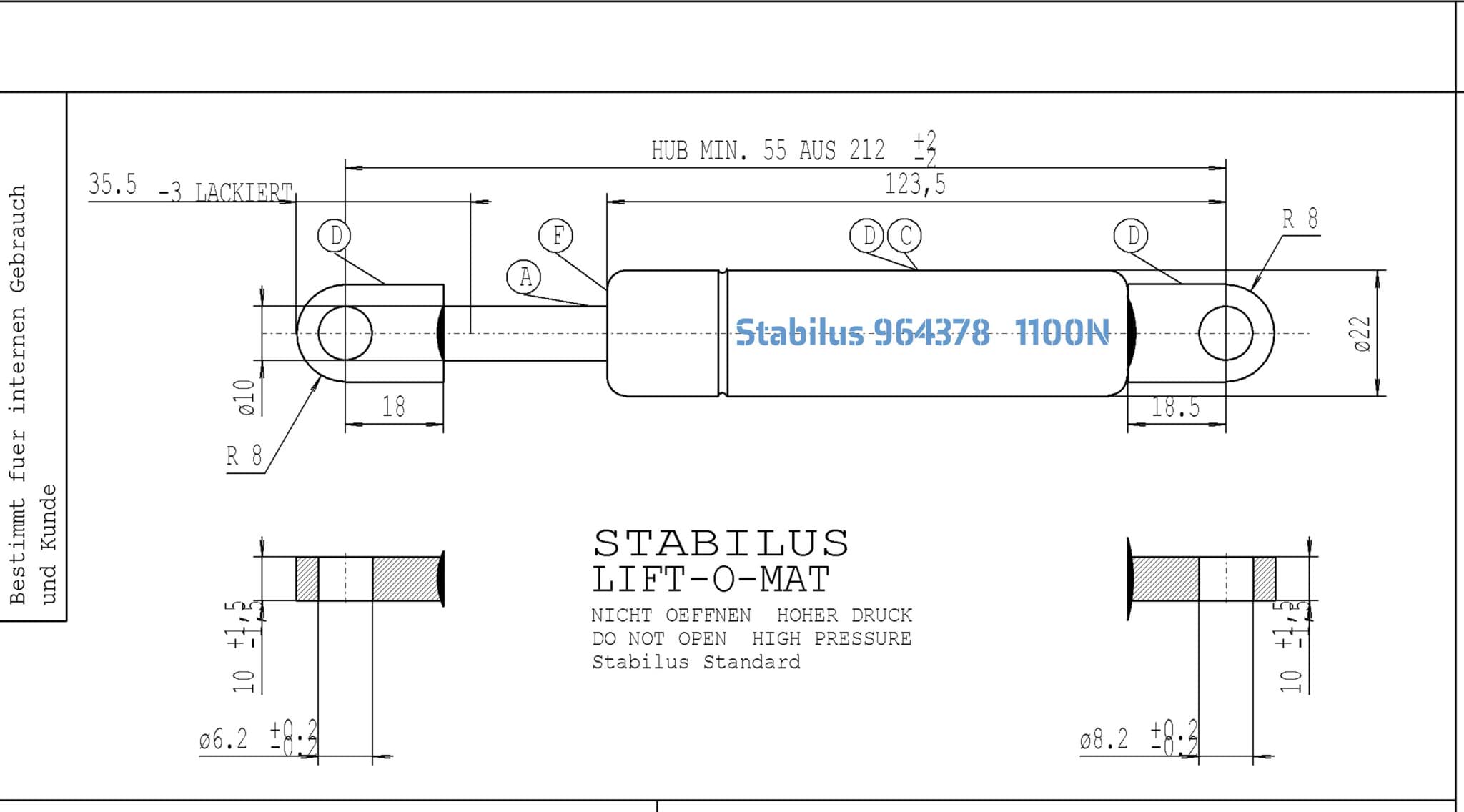 Immagine di Stabilus 964378 1100N LIFT-O-MAT Gasfeder  (Werksbestellung LZ siehe Text)