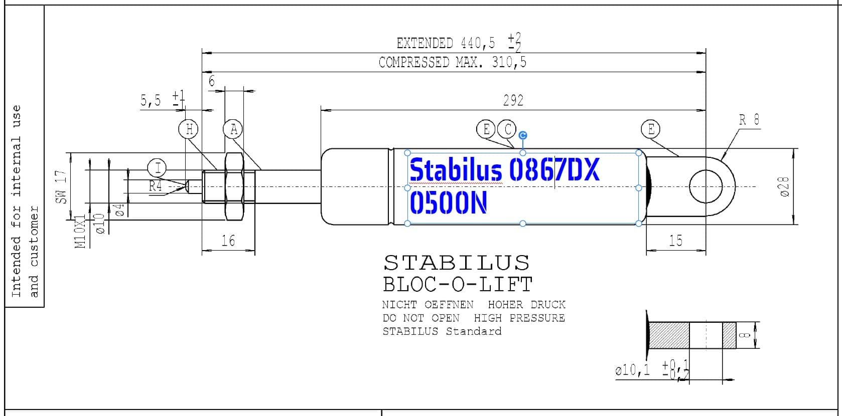 Image de Stabilus 0867DX 500N BLOC-O-LIFT Gasfeder